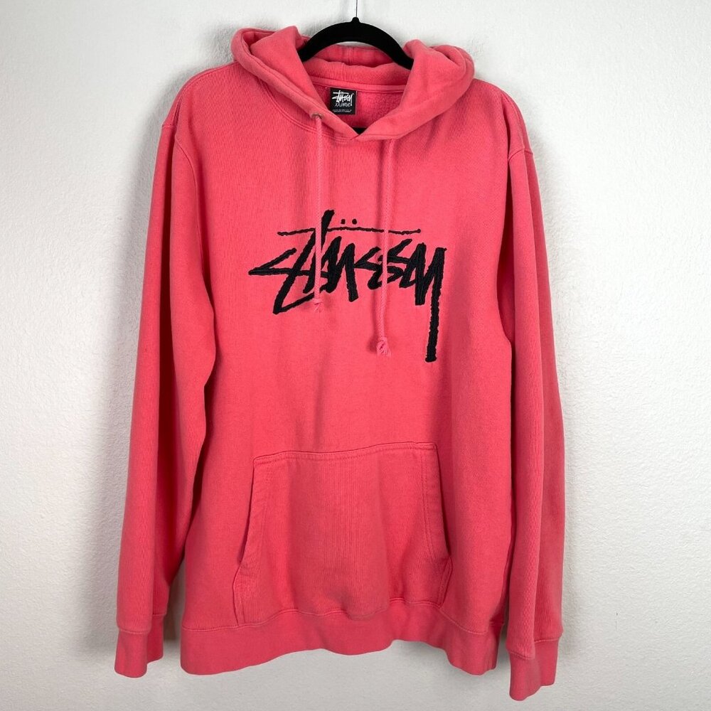 Vintage Stüssy Mens XXL Pink Embroidered Spellout Hoodie Pullover Fleece Lined